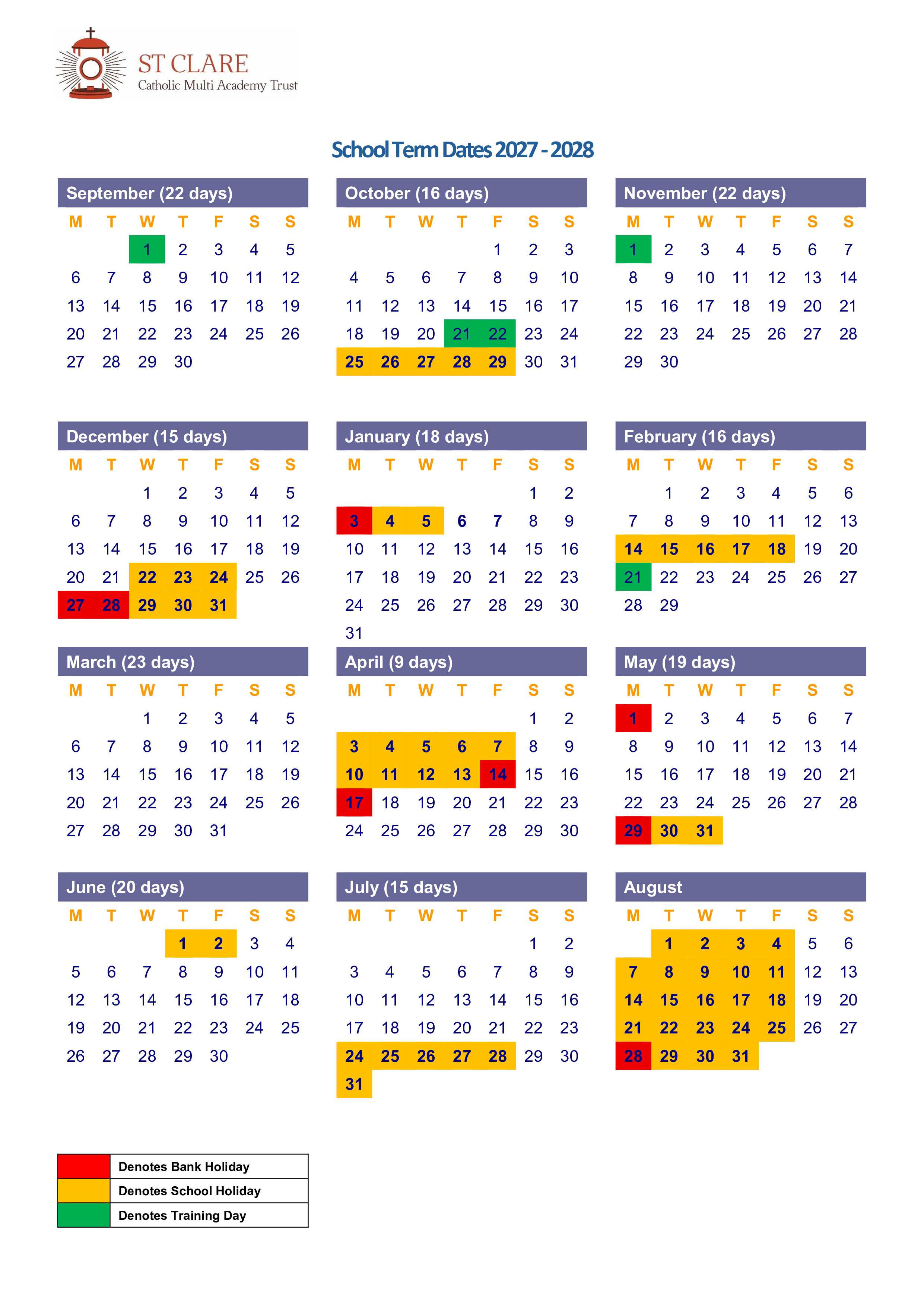 St Clare Term Dates 2027 28 2